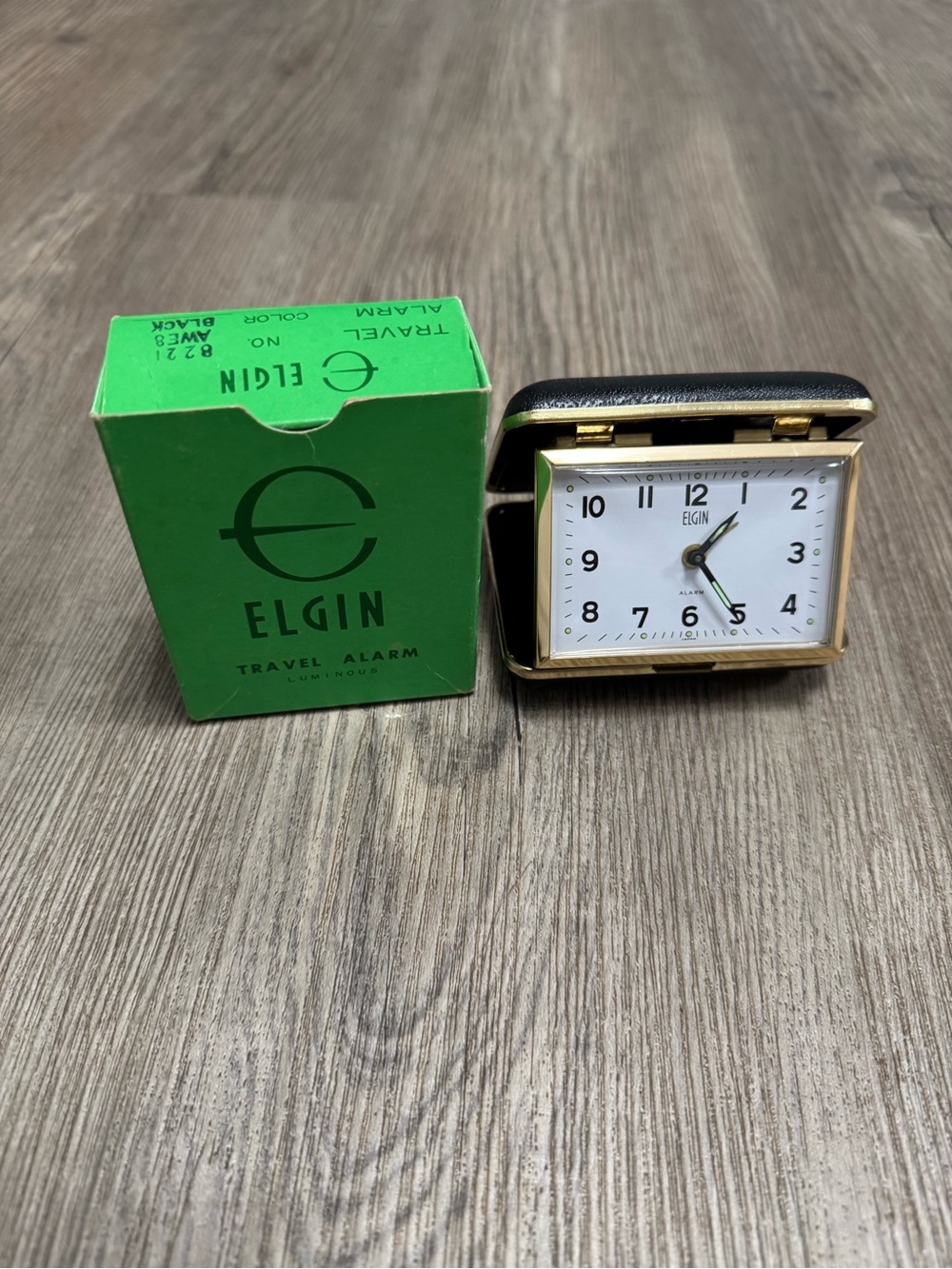 Vintage Black Gold Elgin Wind Up Travel Alarm Clock Luminescent